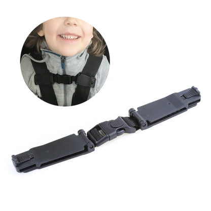 Kids car seat belt adjuster strap with buckle, dark gray plastic and fabric webbing