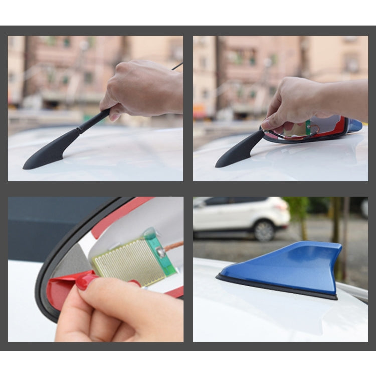 Shark fin car antenna aerial, black base with fin on vehicle roof (installation shown).