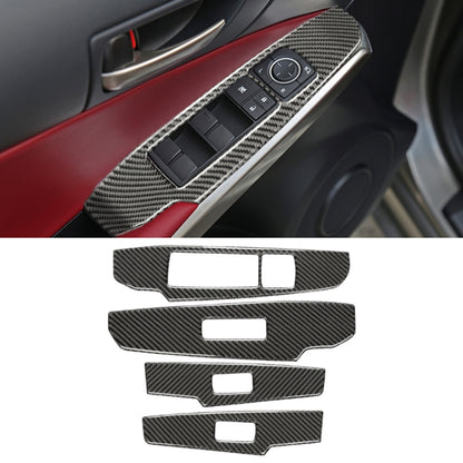 Carbon fiber-look window switch panel sticker, black trim with cutout buttons