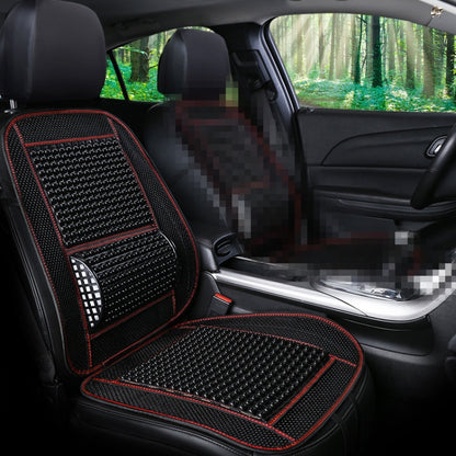 Car seat cushion set with black mesh bead inserts and red piping, front and rear coverage