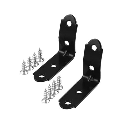 Black metal glove box hinge bracket set with mounting holes and screws