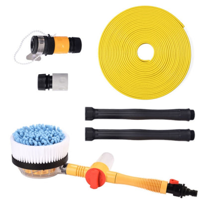 Car wash rotating water brush kit with blue chenille head, yellow hose coil, nozzles