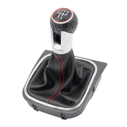 5-speed gear shift knob with leather-look boot, black with red stitching and silver trim