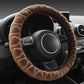 Brown plush steering wheel cover with ribbed texture, anti-slip grip.