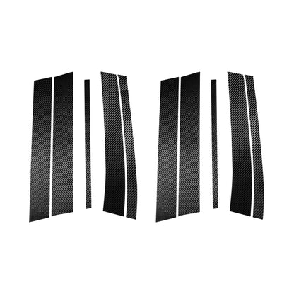 Set of carbon-fiber look door pillar decorative stickers, black with white pinstripes