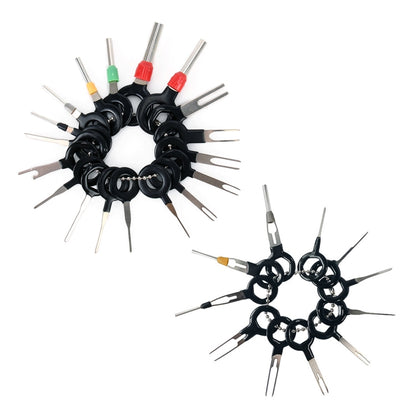 Terminal extraction pick tool set with black ring of metal pins and colored grips
