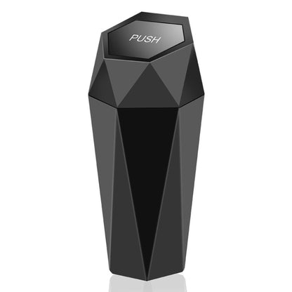 Black mini desktop trash can with hinged push lid and geometric faceted design
