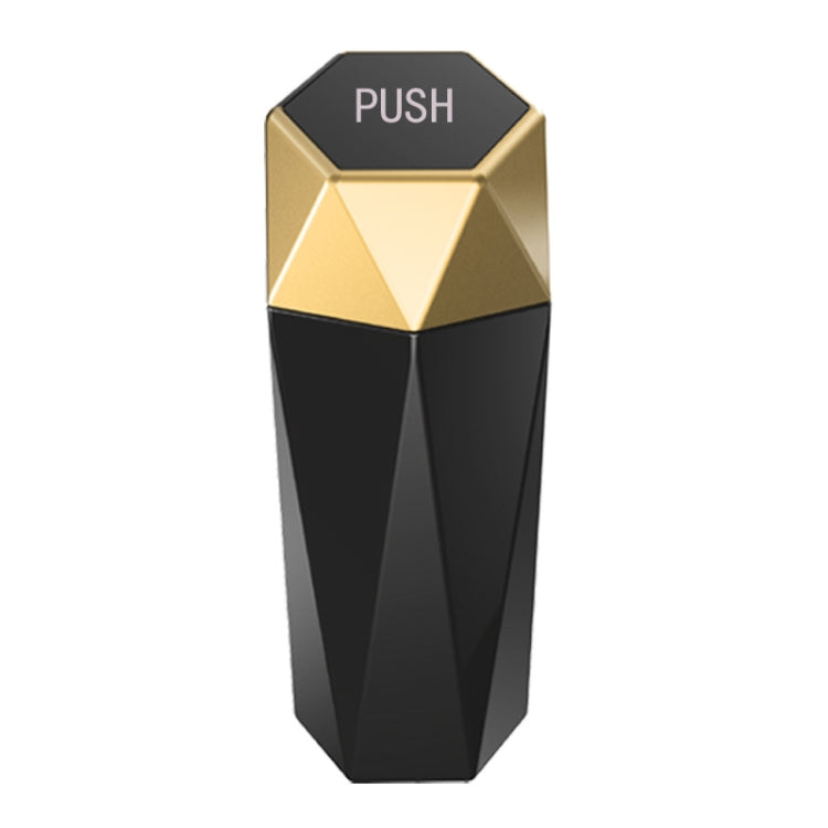 Gold mini desktop trash can with hinged push lid and geometric faceted design