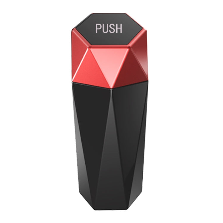 Red mini desktop trash can with hinged push lid and geometric faceted design