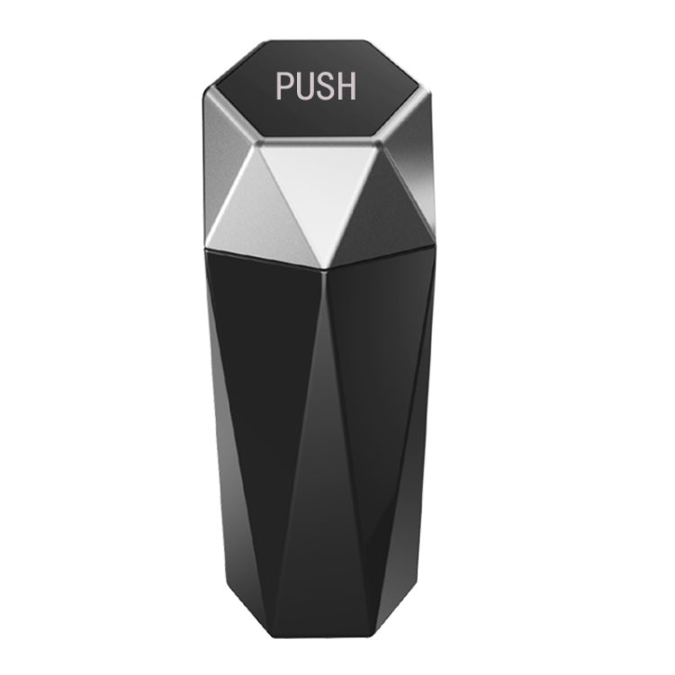 Silver/gray mini desktop trash can with hinged push lid and geometric faceted design