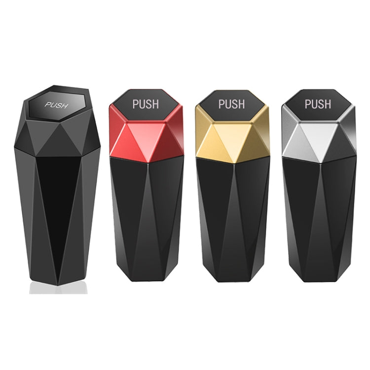 Set of mini desktop trash cans in multiple colors, each with push-lid and geometric shape