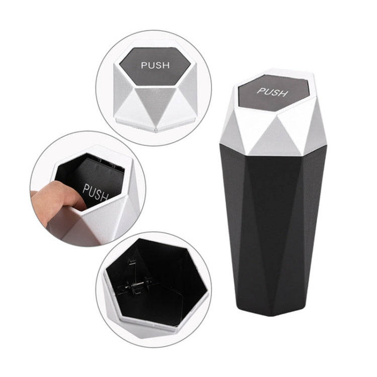 Mini desktop trash can showing push lid, open-top interior, and base view