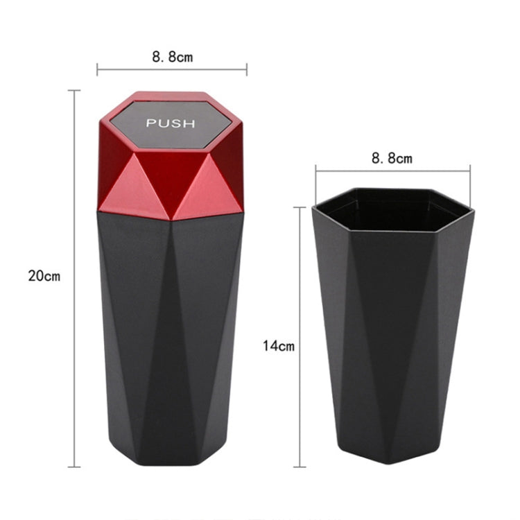 Red and black mini trash can with push lid; size shown as 20cm tall, 8.8cm wide