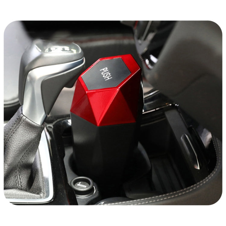 Red mini car trash can with push-lid in the center console cup area