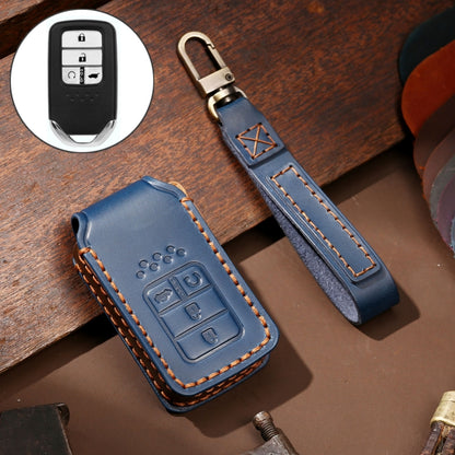 Blue leather key fob cover with stitched trim and metal key ring clasp