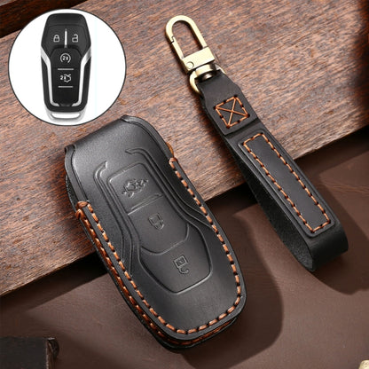 Black leather key protective case with stitched edges for car key fob