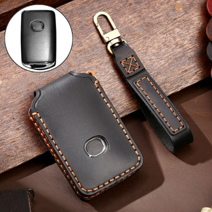 Black cowhide leather key protective cover with metal keyring and stitched edges