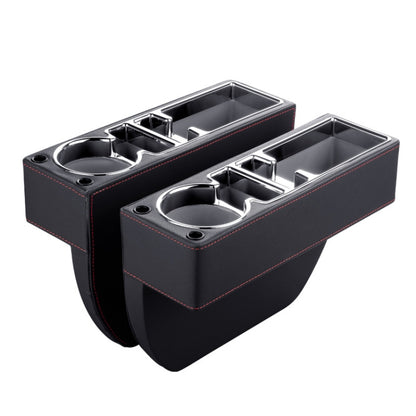 Black PU leather car console storage box with dual cup holders and divider compartments