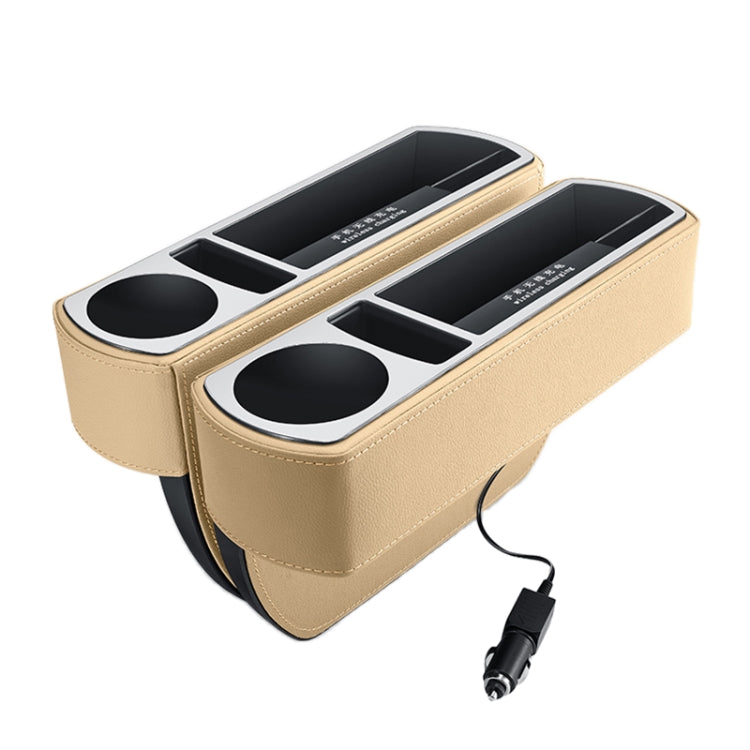 Beige PU leather car console with two cup holders and built-in wireless charging pads