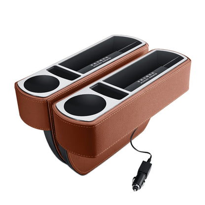 Brown PU leather car console with two cup holders and wireless charging pads
