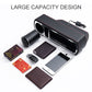 Black PU leather car console with two cup holders, wireless charging, and included accessories