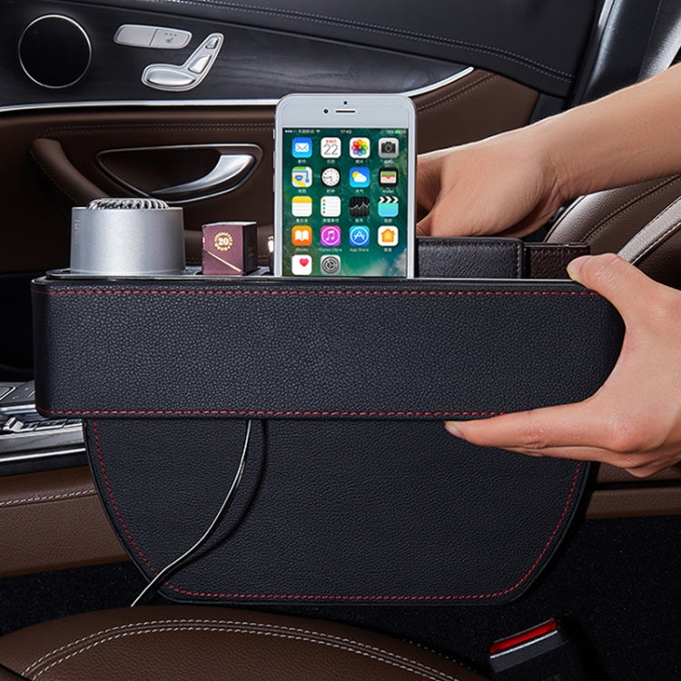 Black PU leather car console holding a smartphone in the cup holder area
