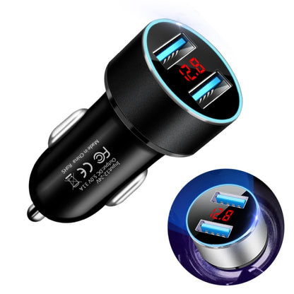 Black car dual USB charger with two USB ports and red LED voltage display