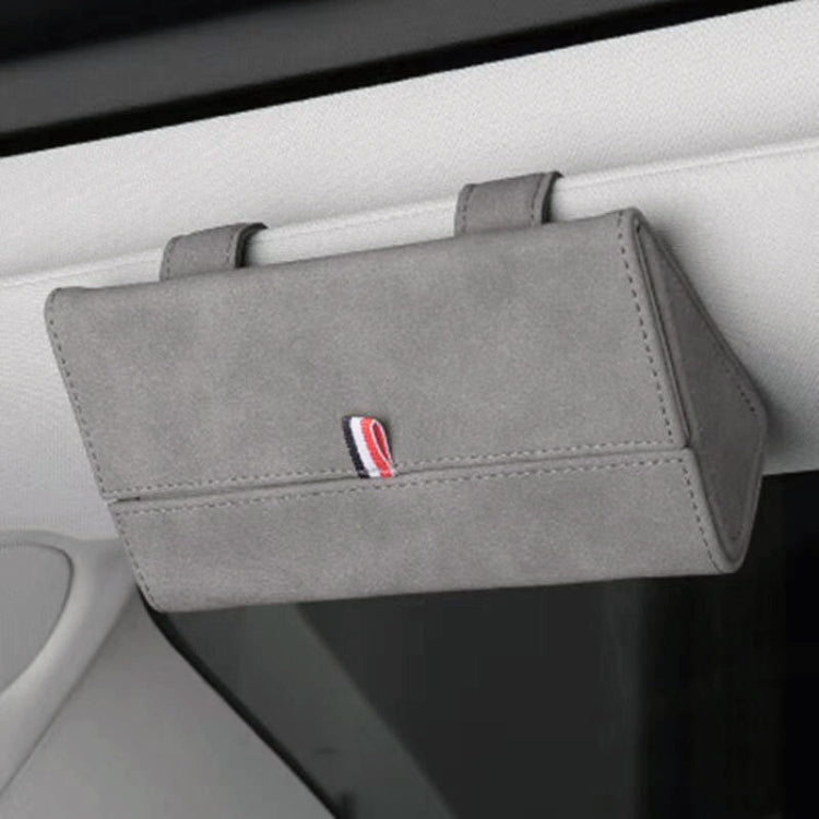 Grey glasses storage bag with flap and small emblem on front
