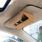 Beige glasses storage bag with open top and red-trim stitching in car