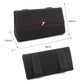Black glasses storage bag with red-stitched seams and front flap