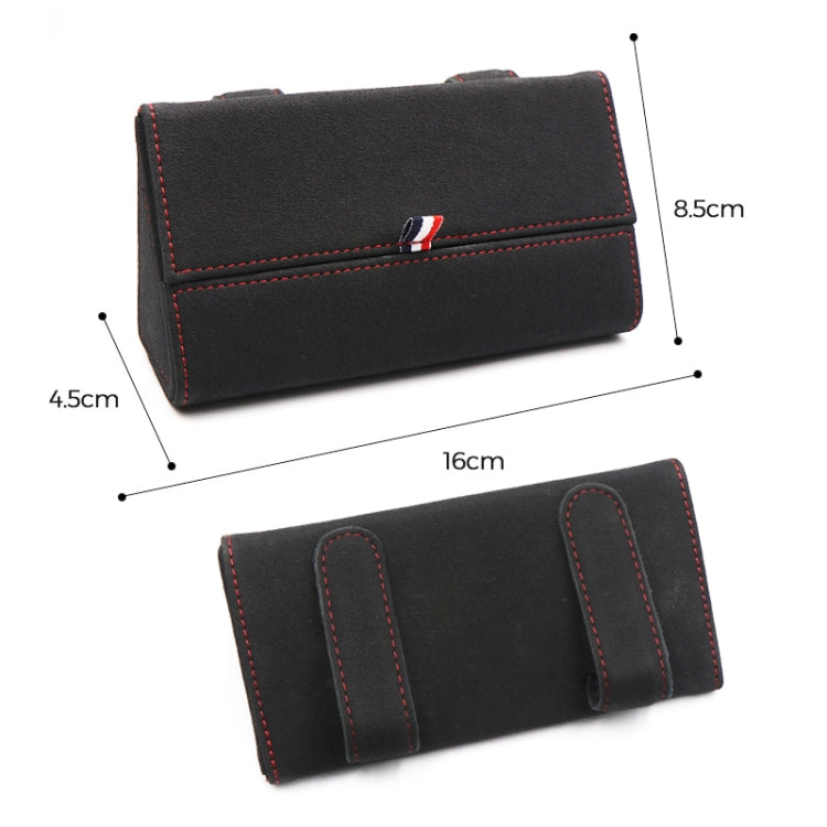 Black glasses storage bag with red-stitched seams and front flap