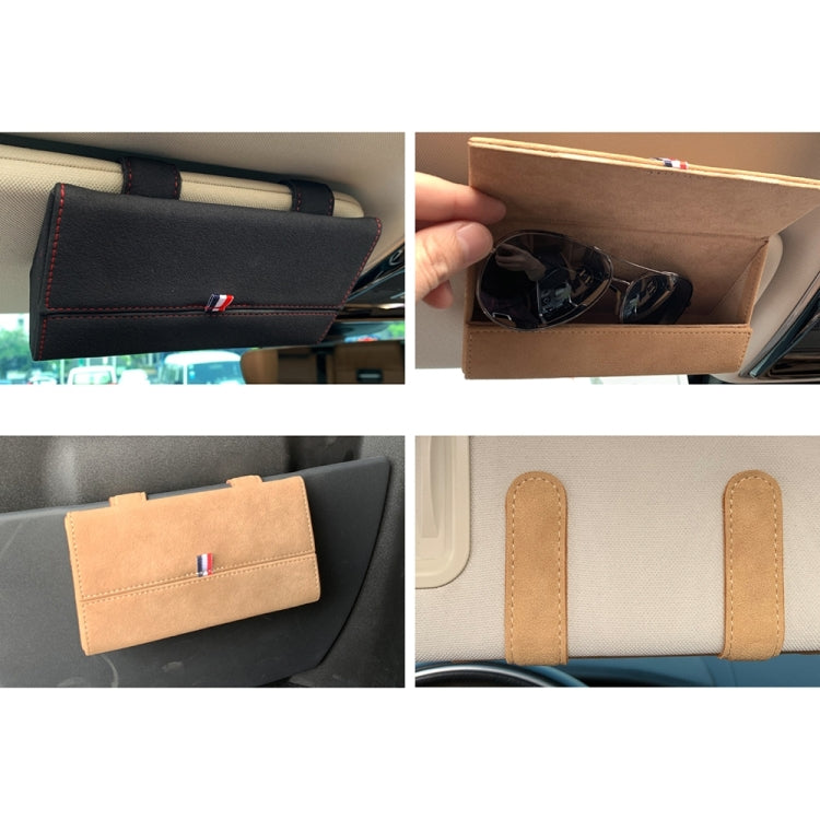 Glasses storage bag collage showing black and beige mounting views