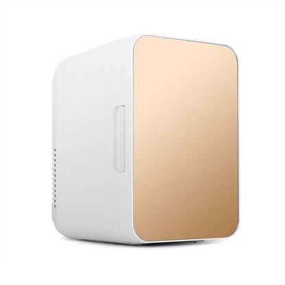 Gold-trimmed mini refrigerator with tempered glass door and side handle