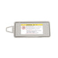 Grey right car sun visor makeup mirror with warning label, closed cover