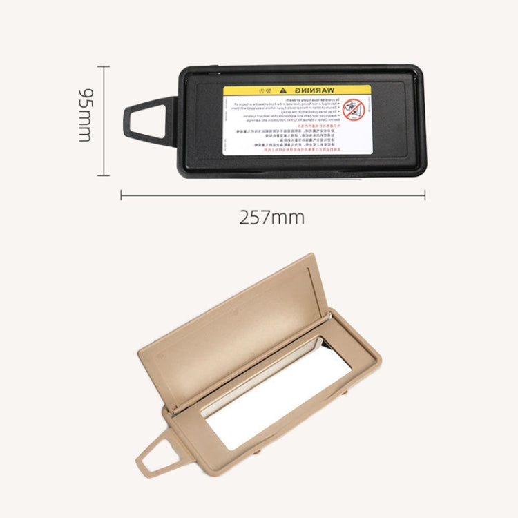 Beige right sun visor makeup mirror, open view, size markings 257mm and 95mm