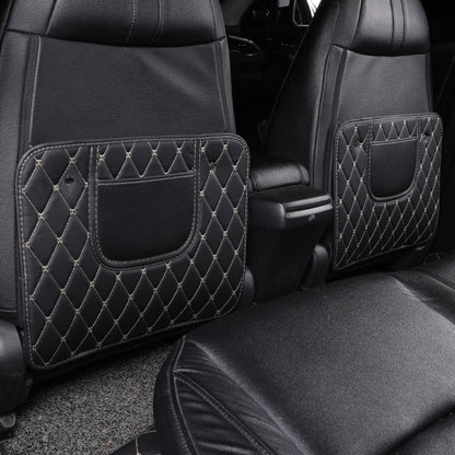 Car seat back anti-kick mat in black with diamond quilting and front pocket
