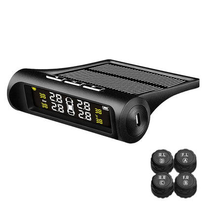 Black solar wireless tire pressure monitor receiver with digital display and 4 sensor caps