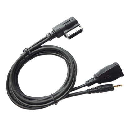 Car AUX audio cable with USB charging, black connectors and coiled cable