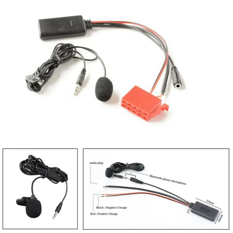 Car AUX Bluetooth audio harness kit with microphone, wiring set and red adapter plug