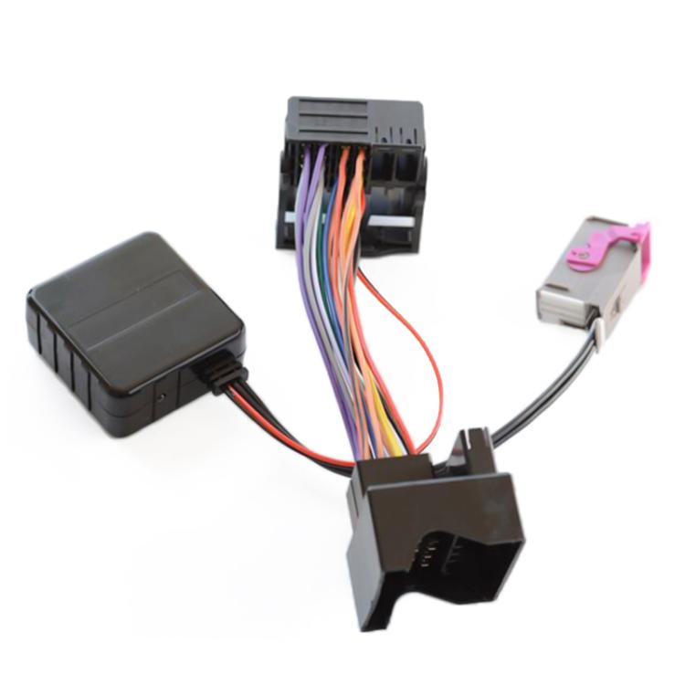 Car audio wiring adapter with 32-pin harness, two connectors, and control box