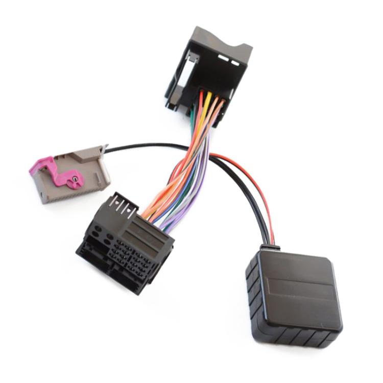 Car audio connection cable with multi-color wire harness, three plugs, and module