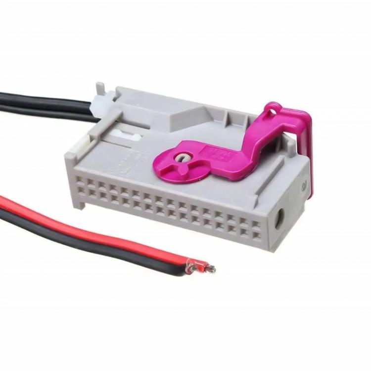 Car radio wiring connector block with pink latch and two color wire leads