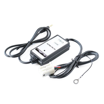 Car AUX audio adapter box with wiring harness and 3.5mm plug, black