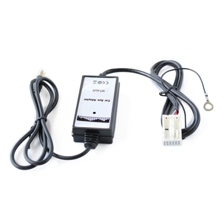 Car AUX audio adapter box with attached cables and white connector, black