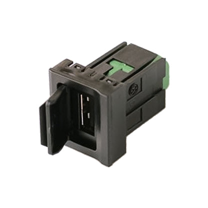 Car center console USB port module with black housing and green insert