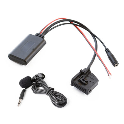 Car Bluetooth audio cable kit with 18-pin adapter, AUX plug, and microphone