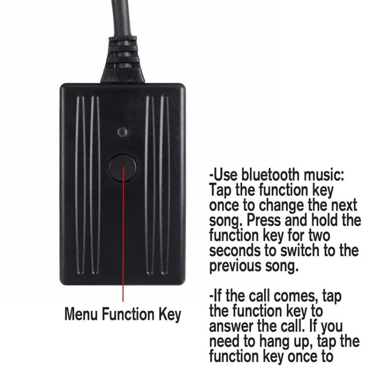 Black menu function key microphone cable adapter box with instruction text and cord