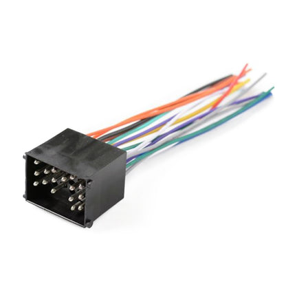 17-pin male wiring harness plug with multicolor speaker/power wires, black housing