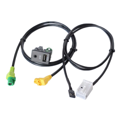 Car AUX USB switch holder wiring harness with USB, AUX, and white connector plugs