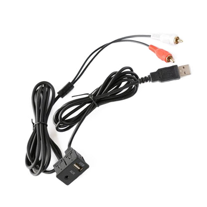 USB to AUX extension cable with 2 RCA plugs and switch module, black cords